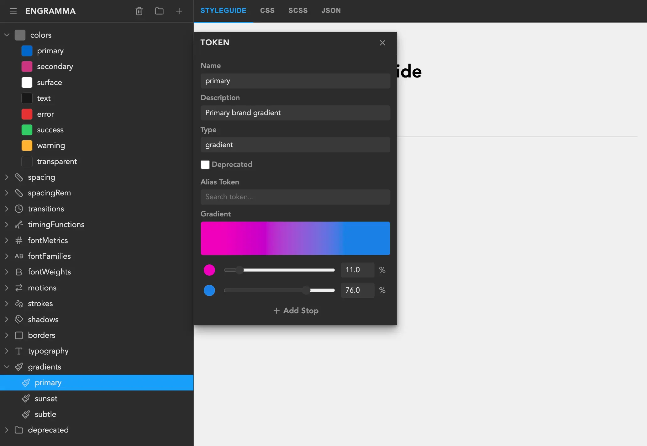Engramma design tokens app interface with tokens and preview