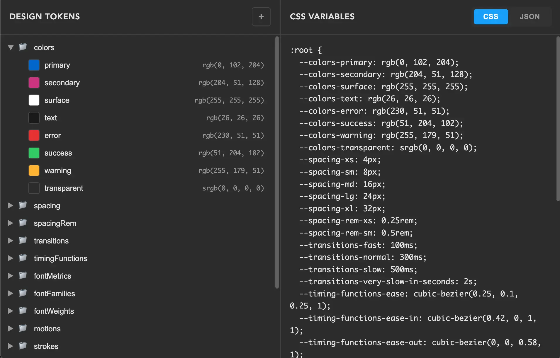 Early Engramma design tokens editor prototype UI